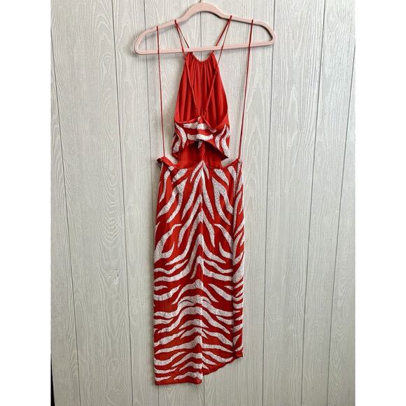 Haute Hippie Blood Orange Cut Out Halter Midi Beaded Zebra Dress *Flaw* XS NWT - Picture 6 of 9